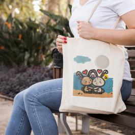 Cute Bunny Couple Embroidery Design Tote Bag Mockup
